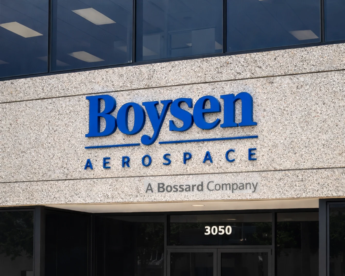 The building entrace with logo of Boysen Aerospace US