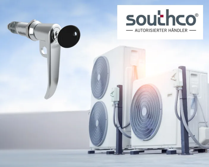 Southco-Verschluss vor Klimageräten mit Händlerlogo.