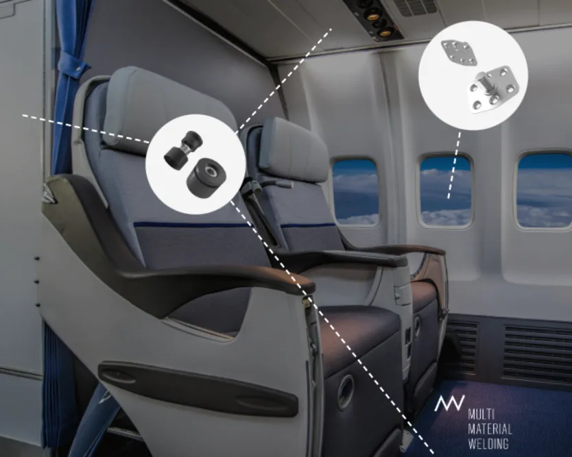 Vue de l'intérieur d'un avion, centrée sur deux sièges de classe affaires, avec des graphiques présentant des solutions de soudage multi-matériaux en superposition