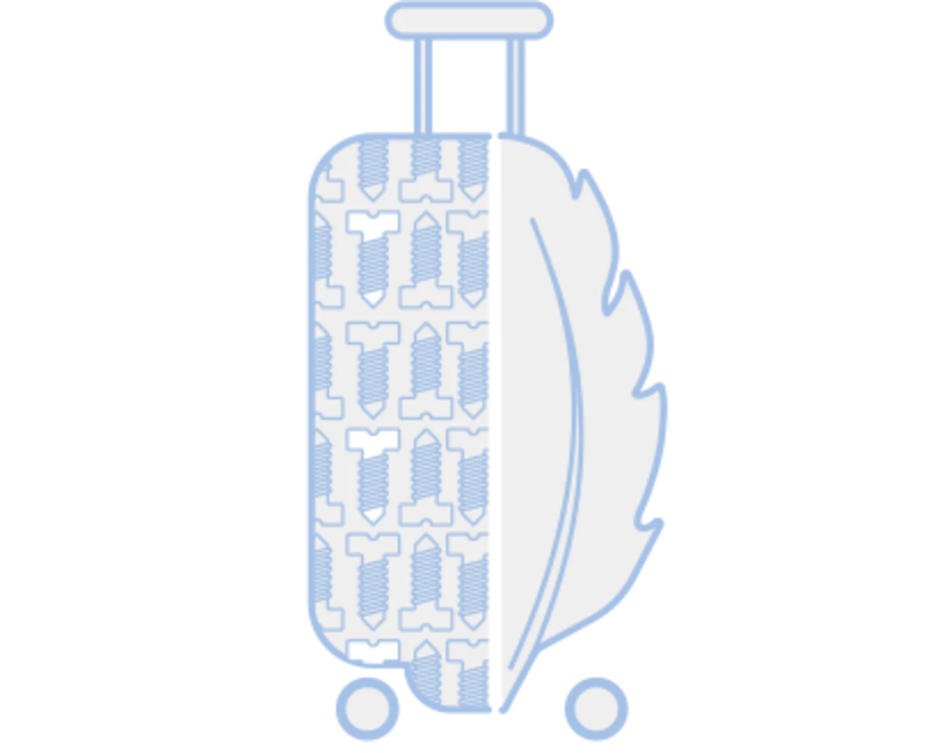 Suitcase with fasteners, combined with a feather symbol