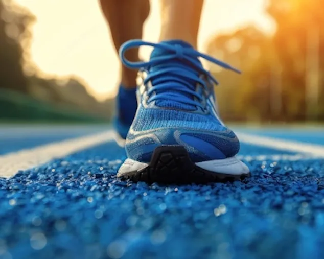 Nahaufnahme eines blauen Laufschuhs auf einer Laufbahn im Sonnenaufgang