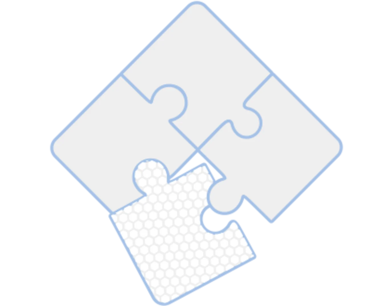 Three interlocking jigsaw pieces and one differently colored piece.