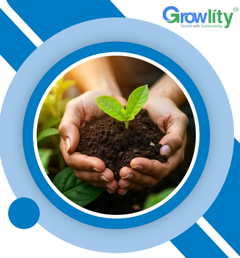 Hands holding soil with a small green plant, surrounded by blue circular design, with "Growlity" logo in the corner.