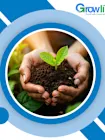 Hands holding soil with a small green plant, surrounded by blue circular design, with "Growlity" logo in the corner.
