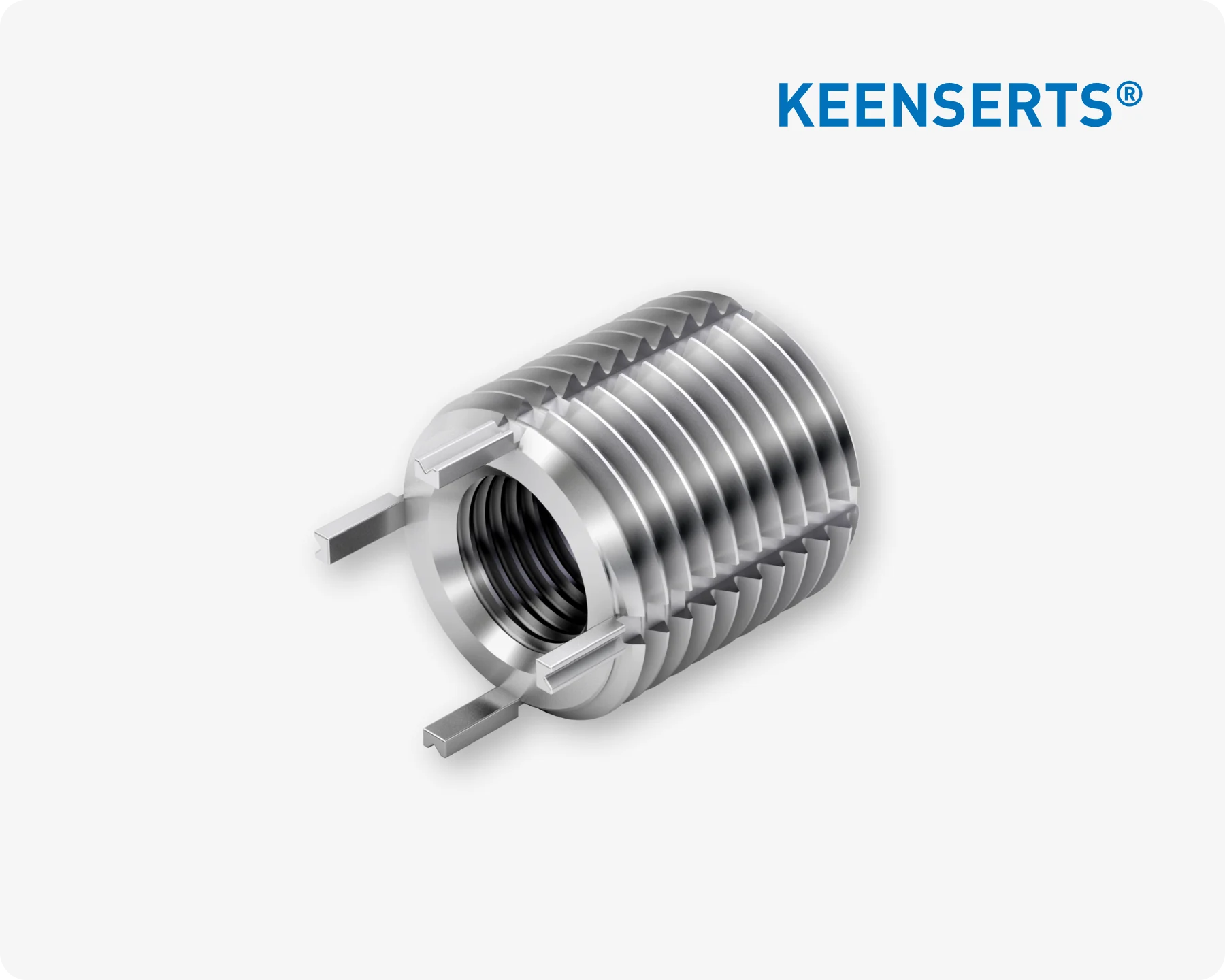 Close-up of a Keenserts high-strength metal threaded insert with 4 special keylocks for superior performance.