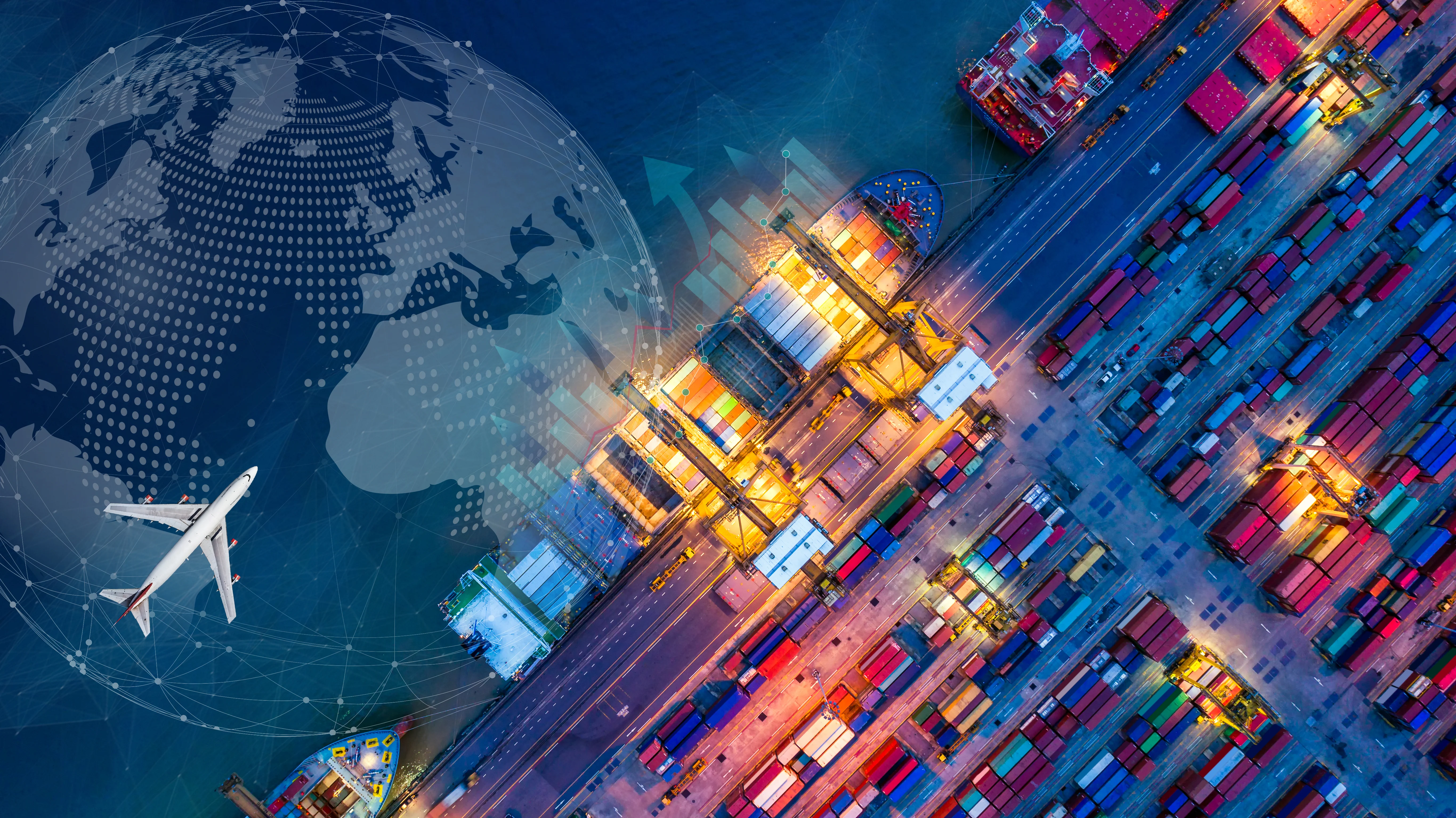 Aerial view and top view cargo plane flying above ship port in the export and import business and Smart logistics international goods. Shipping cargo to harbor by crane stock photo