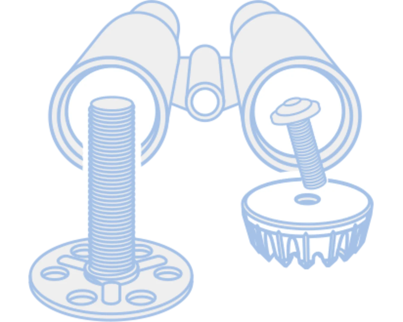 Two special fastening elements, a bigHead and a MM-Welding fastener, in front of a binocular.
