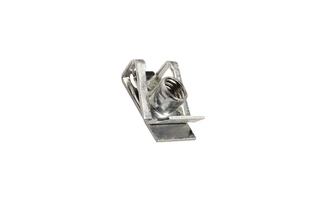 A metal ARaymond self-locking snap-on nut on white background
