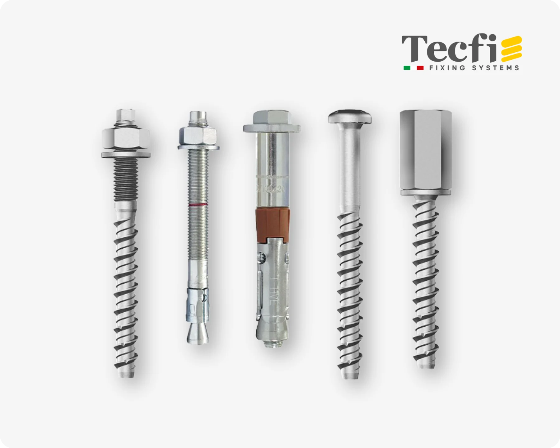 An ensemble of Tecfi concrete screws and wedge anchors for strong fastening connections in concrete.
