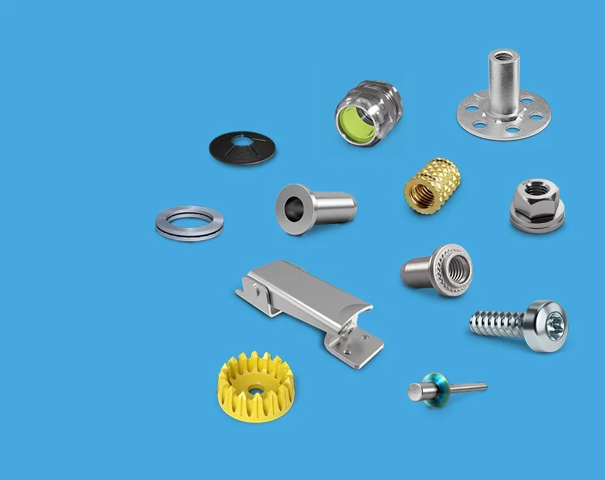 Various fastening elements on a blue background, illustrating their variety.