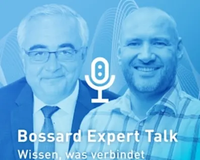 Bossard Expert Talk Podcast-Cover mit Experten Peter Böckermann und Sascha Ahmetovic vor blauem Hintergrund