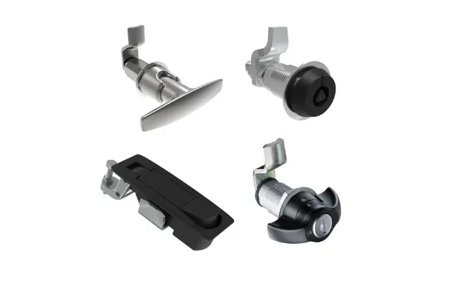 Vier verschiedene Arten von Southco-Dreh- und Kompressionsverschlüssen auf weißem Hintergrund