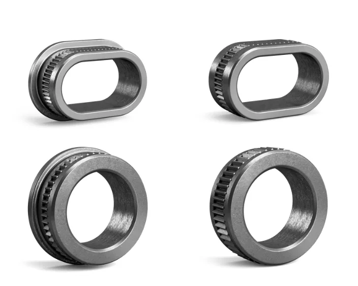 Vier metallische Druckhülsen für präzise Befestigungsanwendungen.