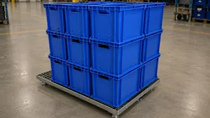 Grands SmartBins bleus de taille XXL dans un environnement d'entrepôt.