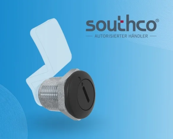 Southco-Schließsystem mit transparenter Überlagerung auf blauem Hintergrund