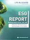 Aerial view of a winding road through a forest by a lake, with text overlay: "ESG Report, Proven Productivity, Sustainable Futures."