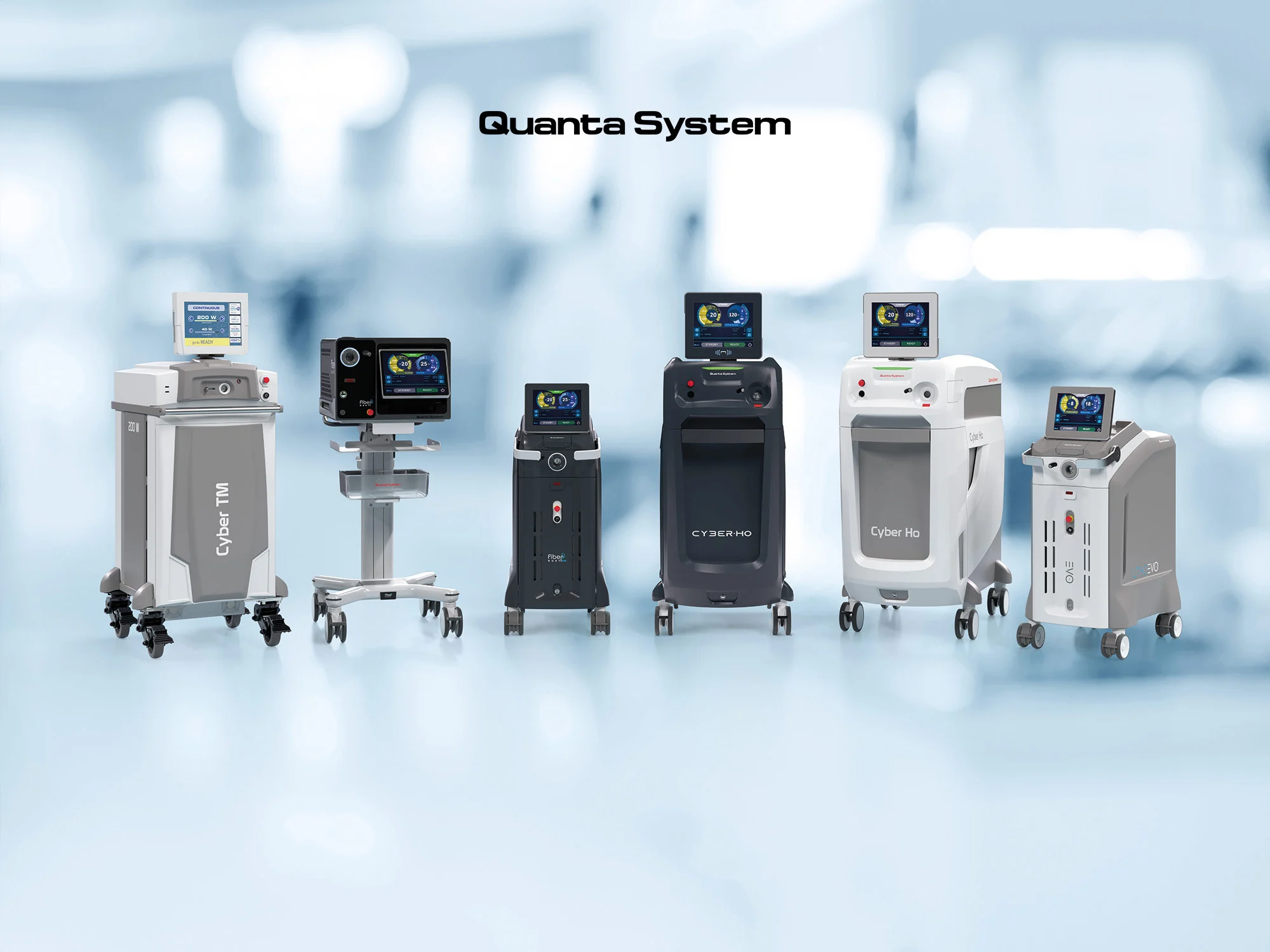 Sei macchine laser mediche su ruote con schermi, etichettate "Quanta System," su uno sfondo blu sfocato.