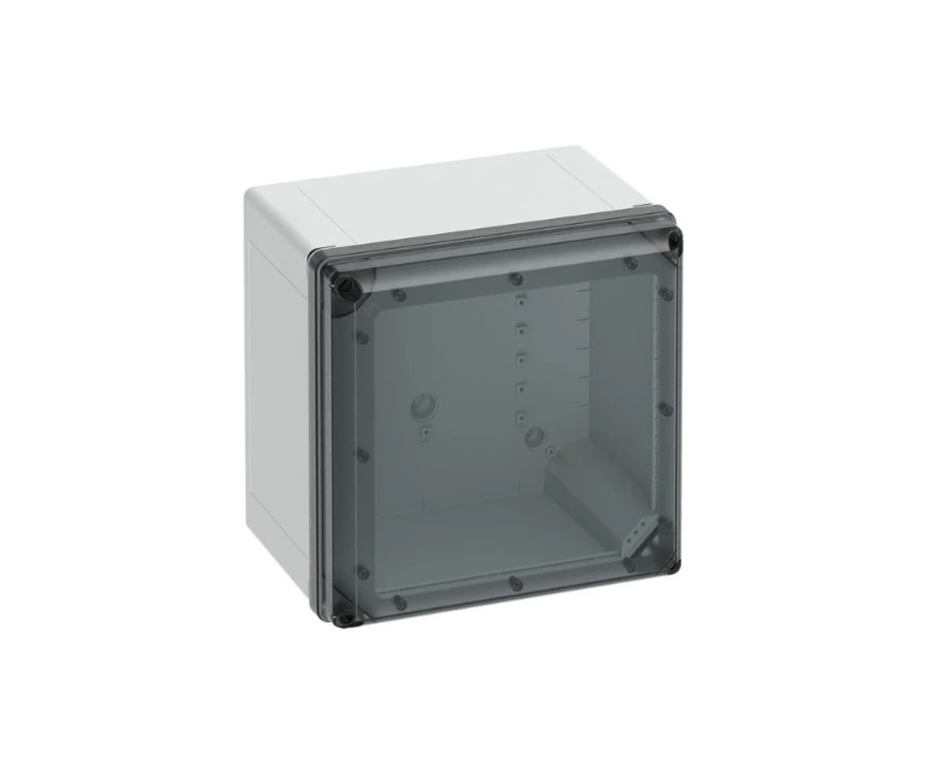 Un contenitore industriale Spelsberg serie GEOS con coperchio trasparente su sfondo bianco.