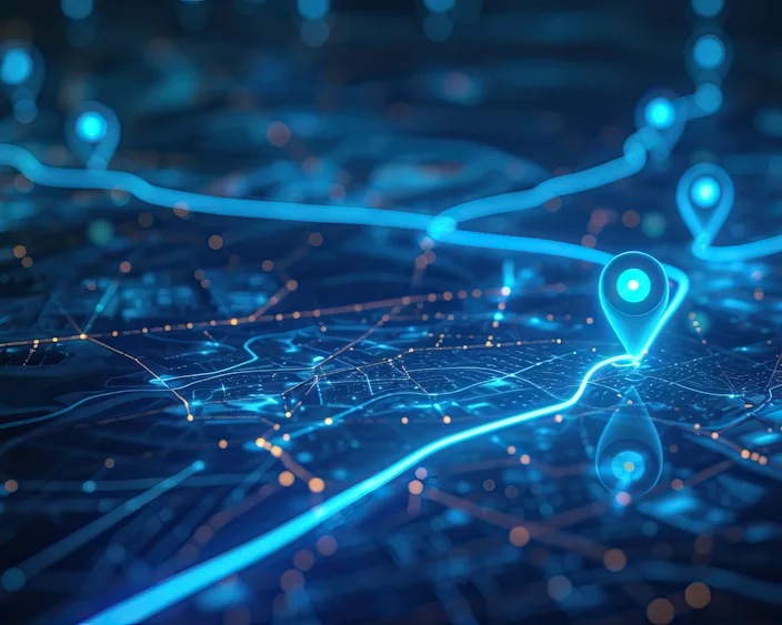 Digitale Karte mit leuchtenden blauen Markierungspunkten und Verbindungslinien, symbolisiert Navigation und Standortfindung.
