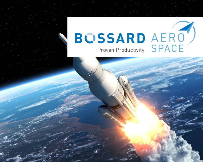 A rocket launching into space with the blue earth in the background and the Bossard Aerospace logo in the top right corner.