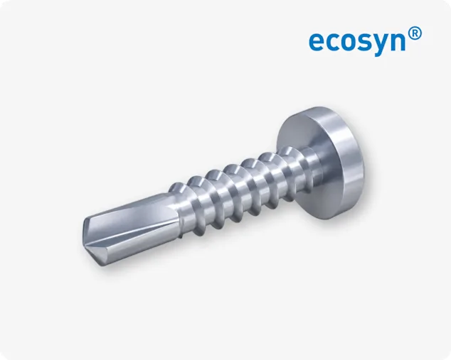 A silver ecosyn drill self-cutting screw for metal on light grey background with the blue ecosyn logo in the top right corner.