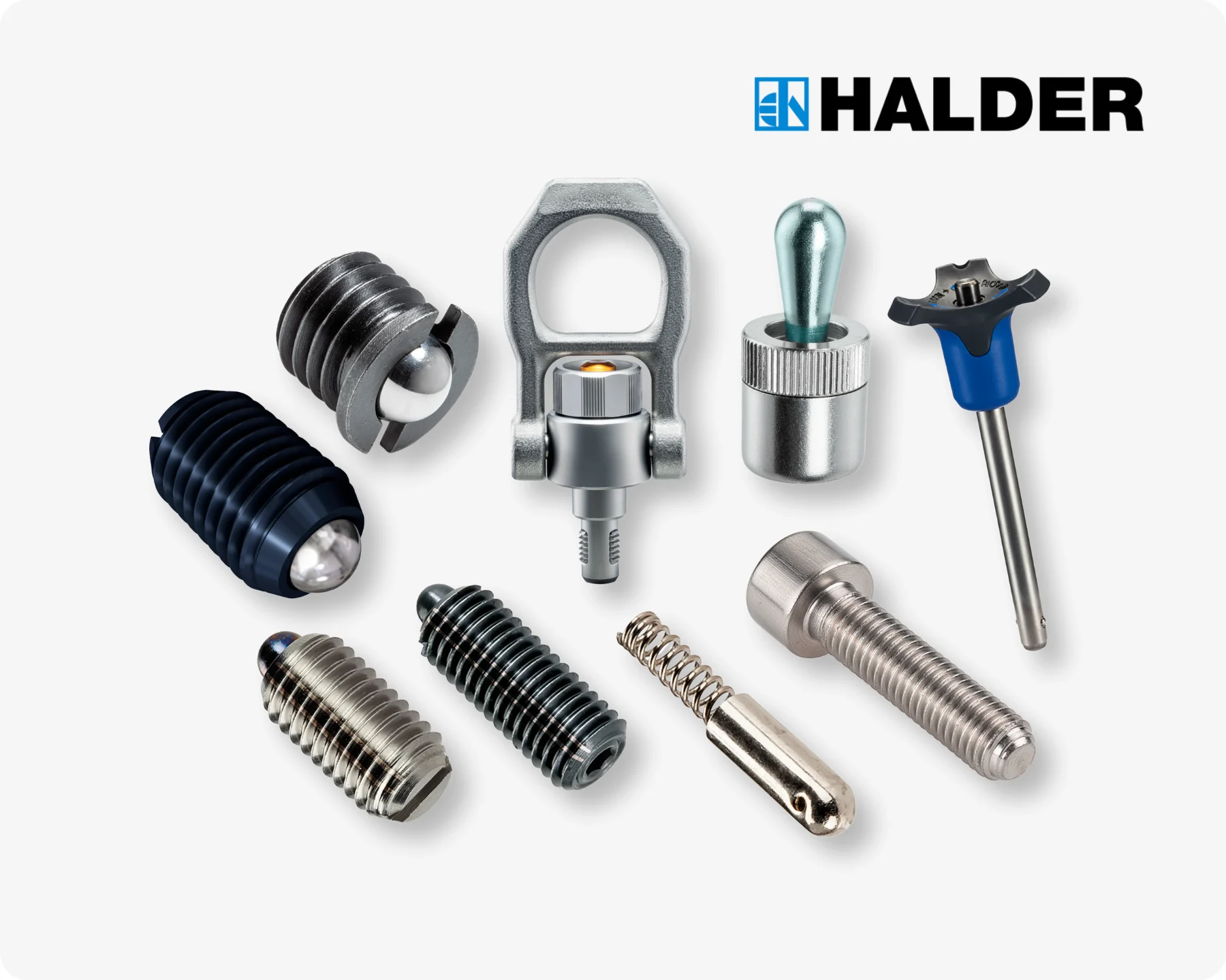 Different access solutions by Halder, including spring plungers, ball lock pins, ball-ended thrust screws and a threaded lifting pin on light grey background with the Halder logo in the top right corner.