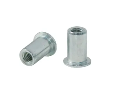 Two FASTEKS FILKO blind rivet nuts with round shaft on white background