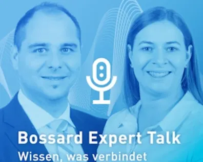 Bossard Expert Talk Podcast mit Experten Jenny Kunze and Marcus Ritter vor bleuem Hintergrund