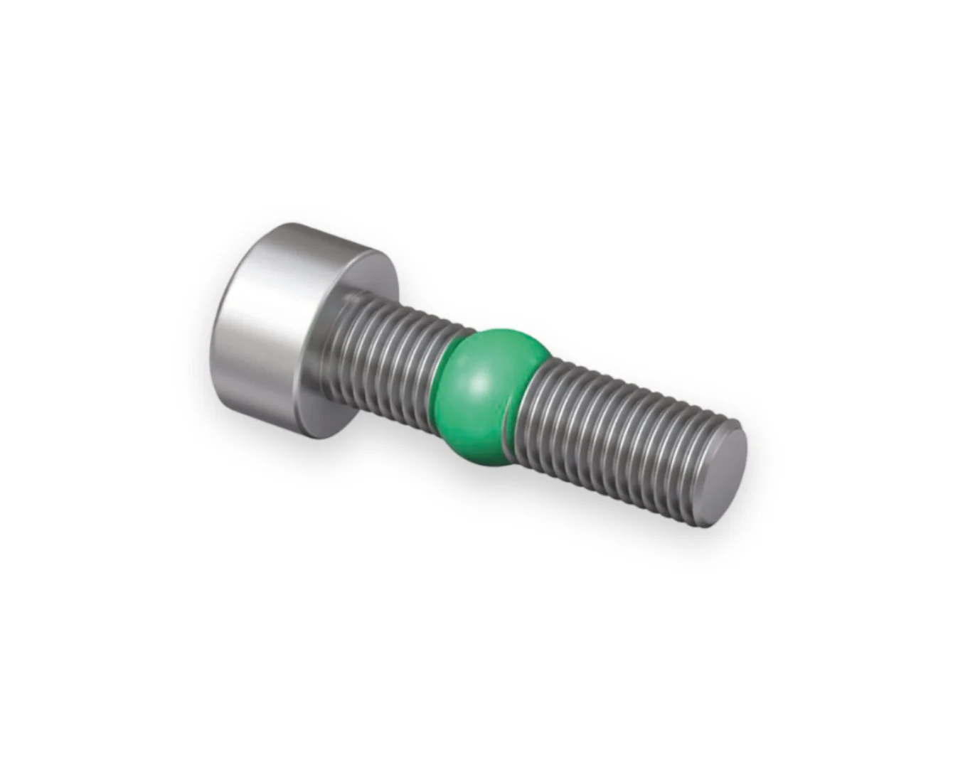 Metal bolt with threaded shaft and cylindrical head, featuring a bright green Nystay coating around the middle section.