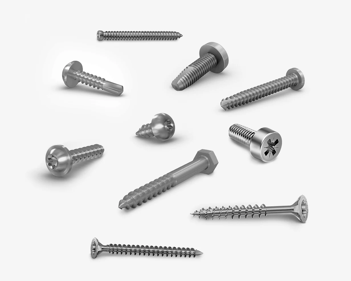 Different types of direct assembly screws on a white background.