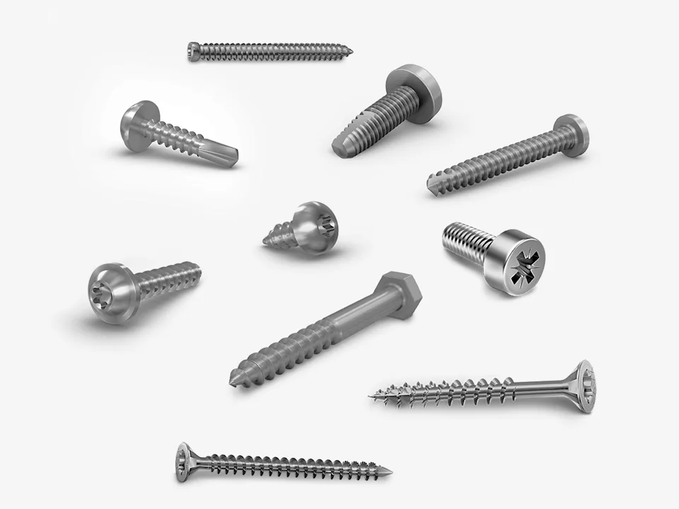 Different types of direct assembly screws on a white background.
