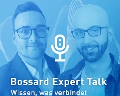 Bossard Expert Talk Podcast-Cover mit Experten Tobias Klöden und Marc Hennings auf blauem Hintergrund