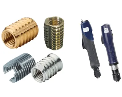 Verschiedene selbstschneidende Gewindeeinsätze aus Metall mit passenden Setzwerkzeugen.