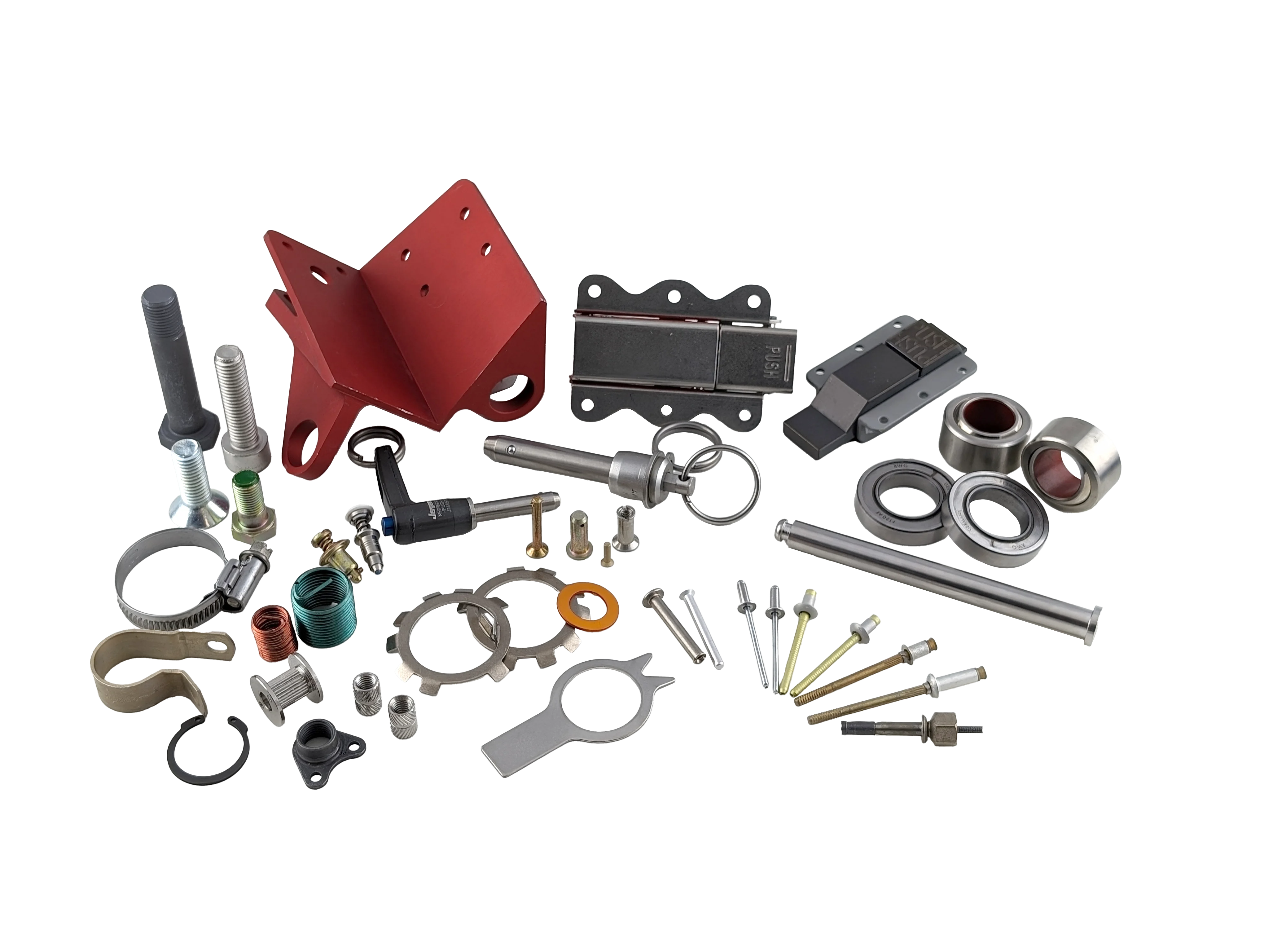 A collection of various types of aerospace fasteners displayed on a transparent background, emphasizing their industrial design.