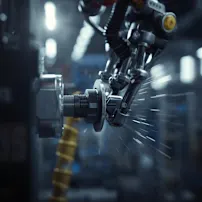 Cánh tay robot với cảm biến màu vàng gia công chi tiết kim loại đang quay trong xưởng công nghiệp với hiệu ứng mờ chuyển động.