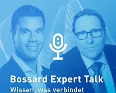 Bossard Expert Talk Podcast mit Experten Matthias Dorner und Kay Brenning vor blauem Hintergrund