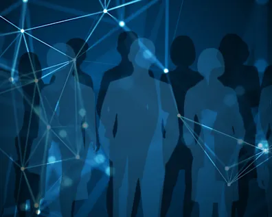 Silhouette mehrerer Personen in Blautönen, abstrahiertes networking Netz