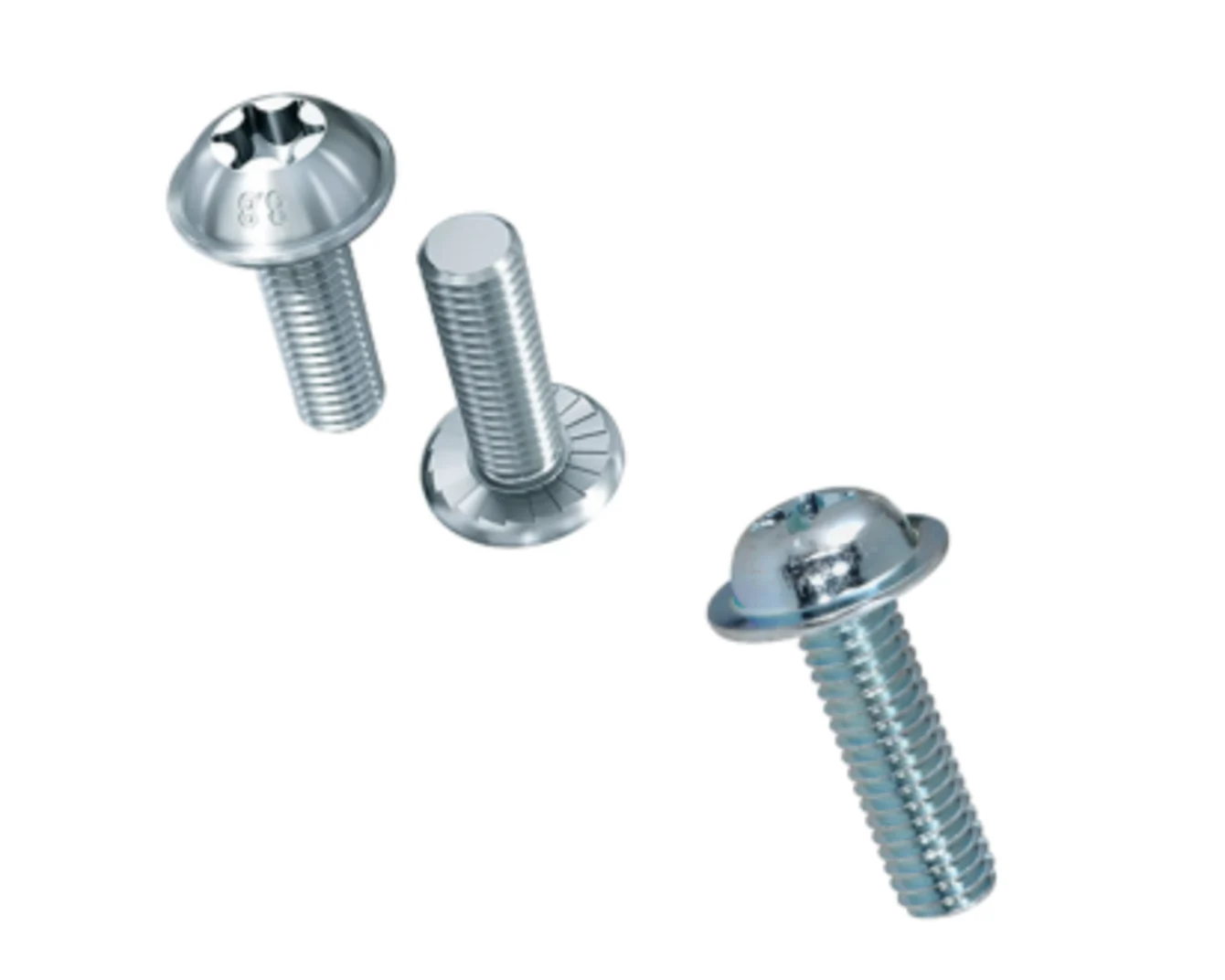Tres tornillos ecosyn plateados sobre fondo blanco, mostrados desde diferentes perspectivas