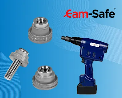 Cam-Safe Akku-Installationswerkzeug mit Erdungsbolzen und Erdungsmuttern auf blauem Hintergrund