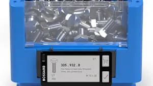 Blue plastic container containing screws, with a SmartLabel Cloud affixed to the bin.