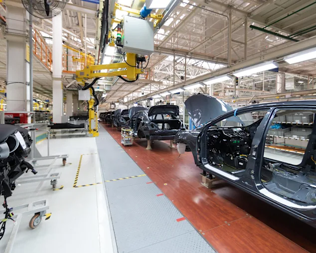 Automated car Assembly line. The plant of the automotive industry. Line of car body.