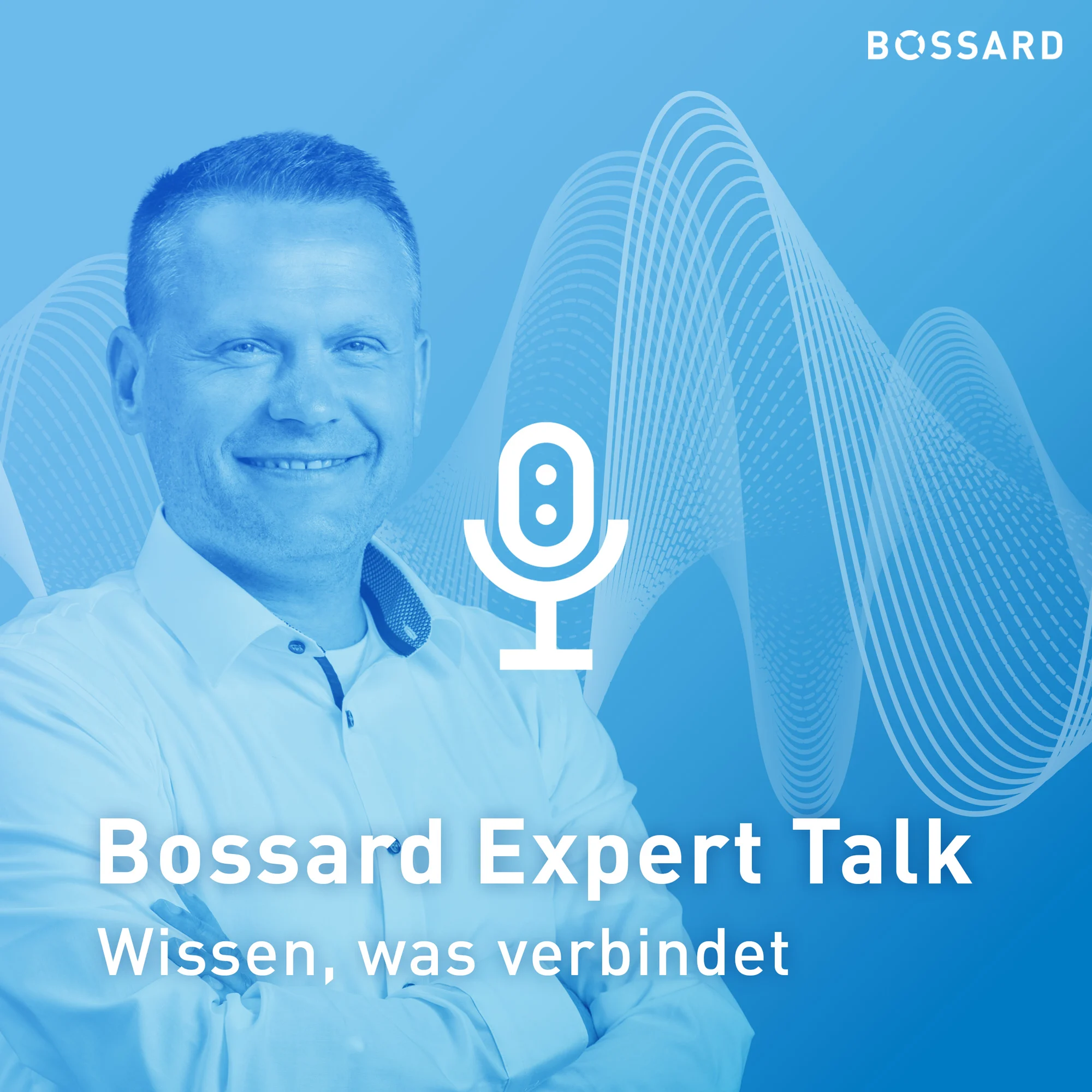 Portrait von Tobias Wolf in blauem Farbverlauf, blauer Hintergrund mit weißem Mikrofon Icon und dem Text Bossard Expert Talk