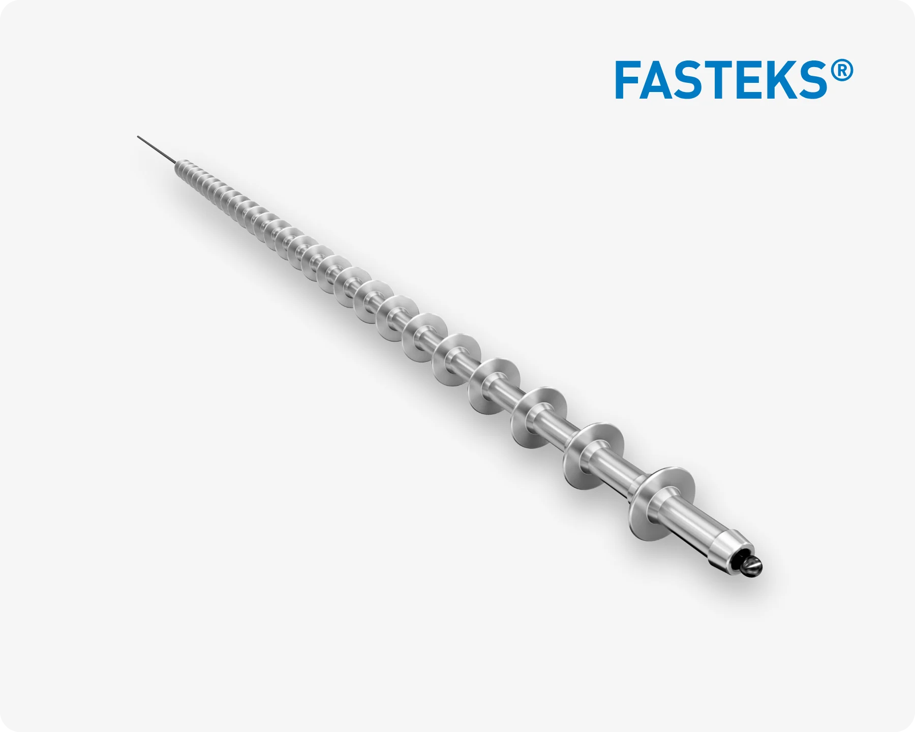 Close-up of a metal FASTEKS speed rivet on light grey background.