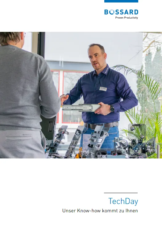 Bossard TechDay Flyer mit Beratungsszene: Experte zeigt einem Besucher ein Bauteil, darunter der Claim „Unser Know-how kommt zu Ihnen“.