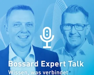 Bossard Expert Talk Podcast mit Experten Andreas Reiger und Dirk Ockel vor blauem Hintergrund