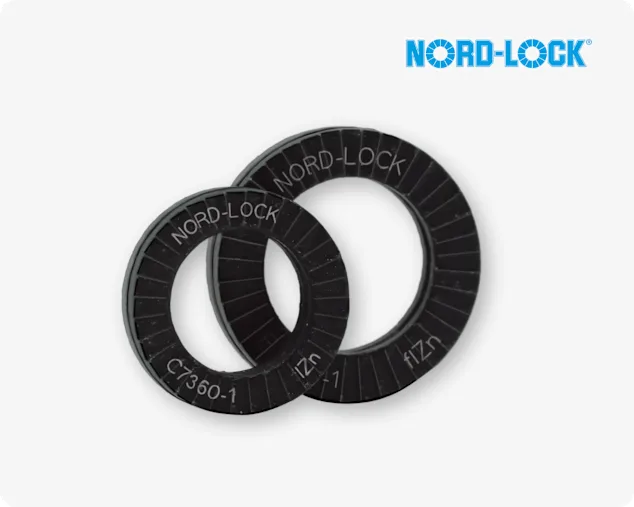 Dos arandelas de bloqueo por cuña Nord-Lock negras, que proporcionan máxima seguridad contra el aflojamiento, incluso bajo vibraciones y cargas dinámicas.