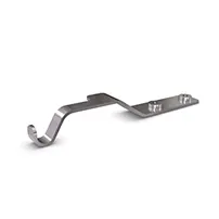 Metal hook bracket with a curved end and two screw holes, designed for mounting, on a white background.