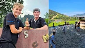 Collage vom DiabetesCamp: Zwei Jugendliche in Bossard-Shirts sowie eine Gruppe beim Beachvolleyball vor Bergkulisse.