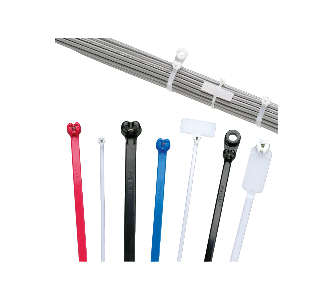 A variety of different colored Panduit Dome-Top cable ties on white background