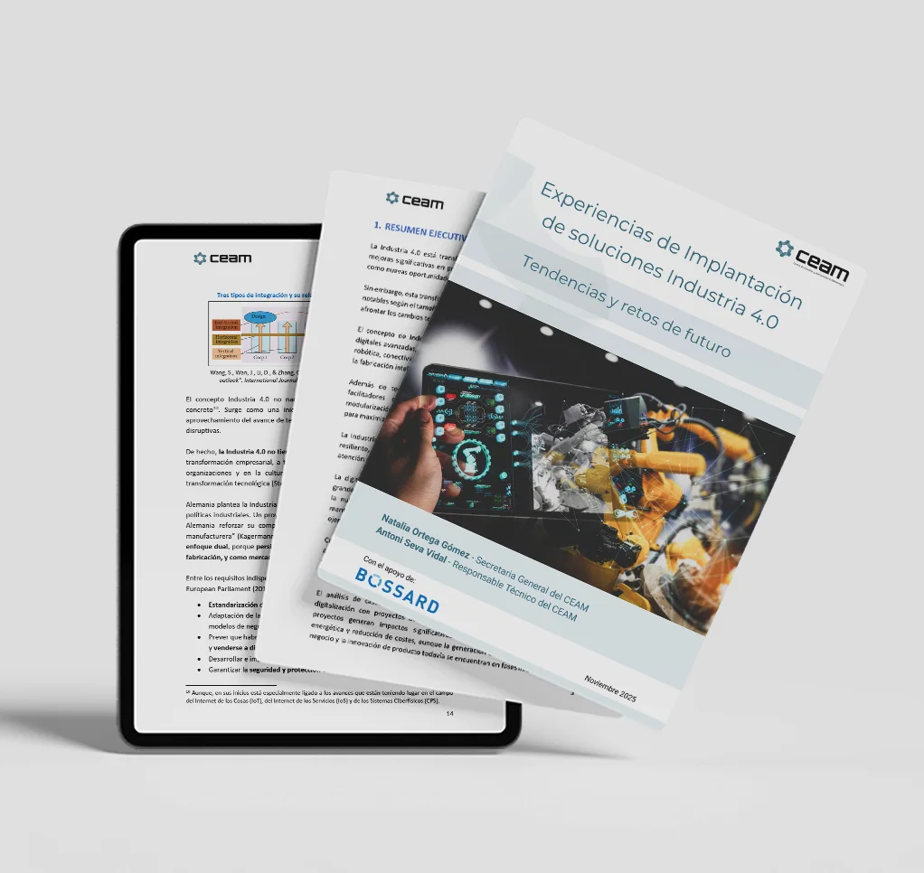 Tres folletos digitales en una pantalla de tablet, con soluciones de Industria 4.0 en temas de color azul y blanco.